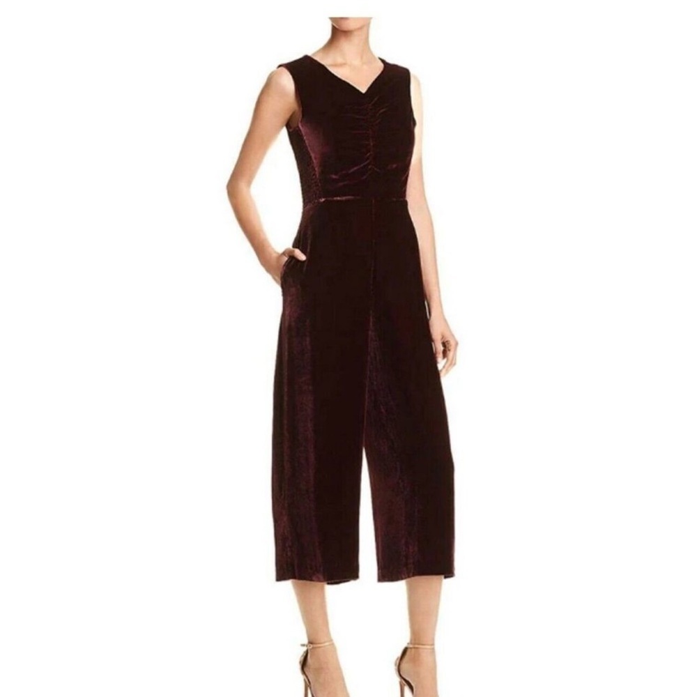 Rebecca Taylor Velvet Wide Leg Ruched Jumpsuit in Bordeaux. Size 6. Retail $595